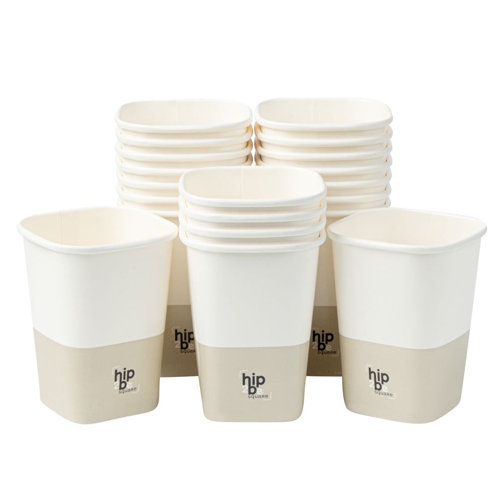 Hip 2 Be Square 12 oz White and Taupe Paper Hot / Cold Drinking Cup - Single Wall - 3 1/4" x 3 1/4" x 4 1/4" - 500 count box