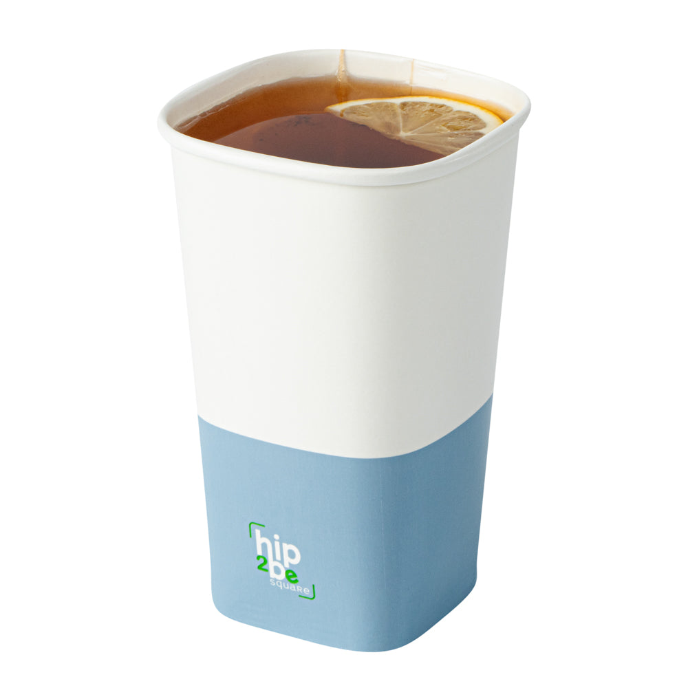 Hip 2 Be Square 16 oz White and Blue Paper Hot / Cold Drinking Cup - Single Wall - 3 1/4" x 3 1/4" x 5 1/2" - 500 count box