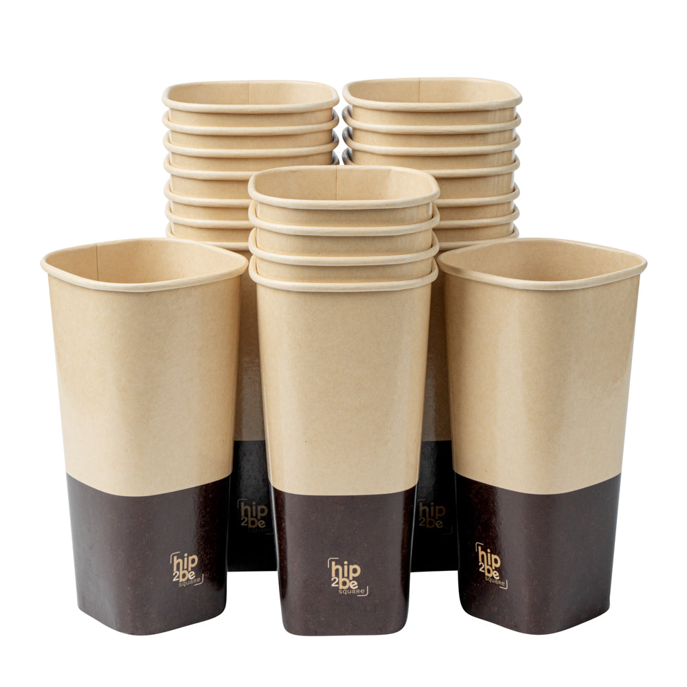 Hip 2 Be Square 22 oz Kraft and Brown Paper Hot / Cold Drinking Cup - Single Wall - 3 1/4" x 3 1/4" x 6 3/4" - 500 count box