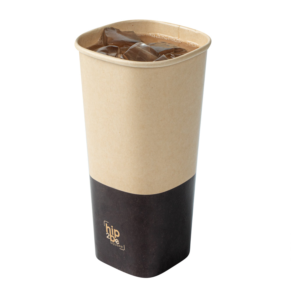 Hip 2 Be Square 22 oz Kraft and Brown Paper Hot / Cold Drinking Cup - Single Wall - 3 1/4" x 3 1/4" x 6 3/4" - 500 count box