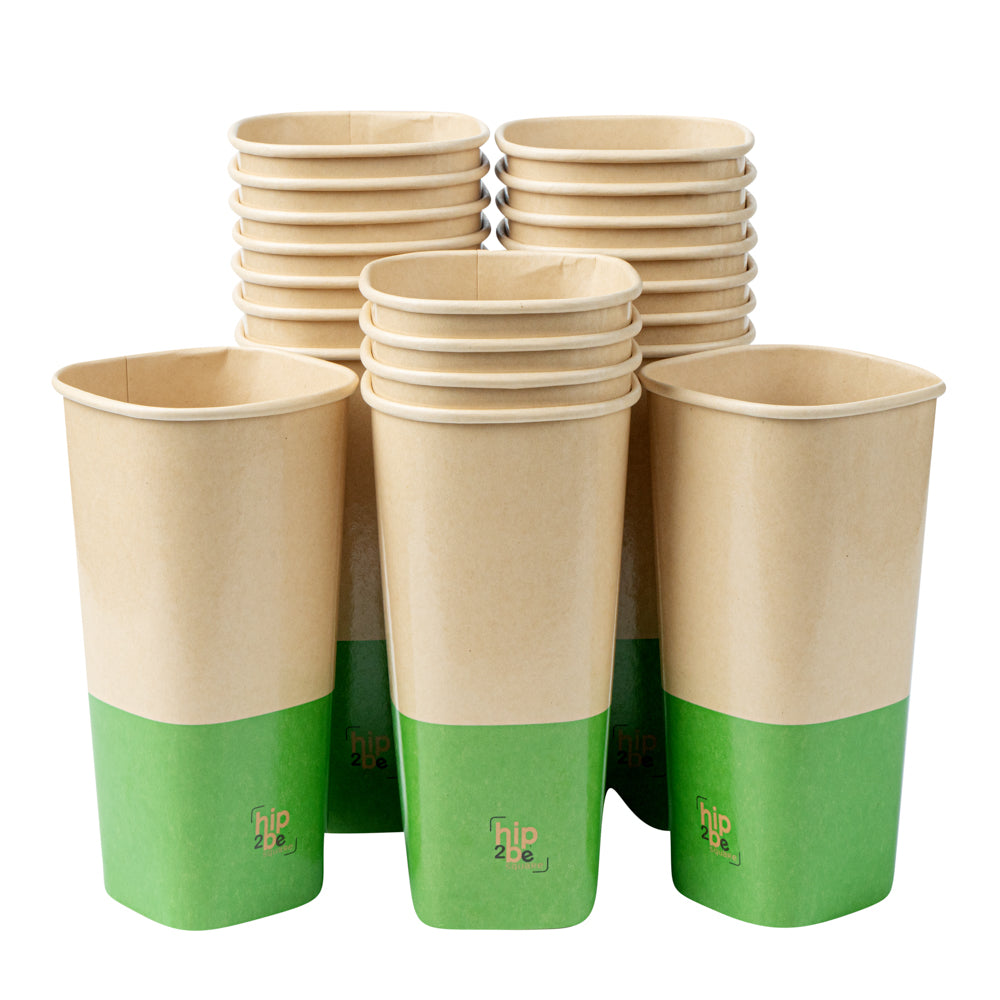 Hip 2 Be Square 22 oz Kraft and Green Paper Hot / Cold Drinking Cup - Single Wall - 3 1/4" x 3 1/4" x 6 3/4" - 500 count box