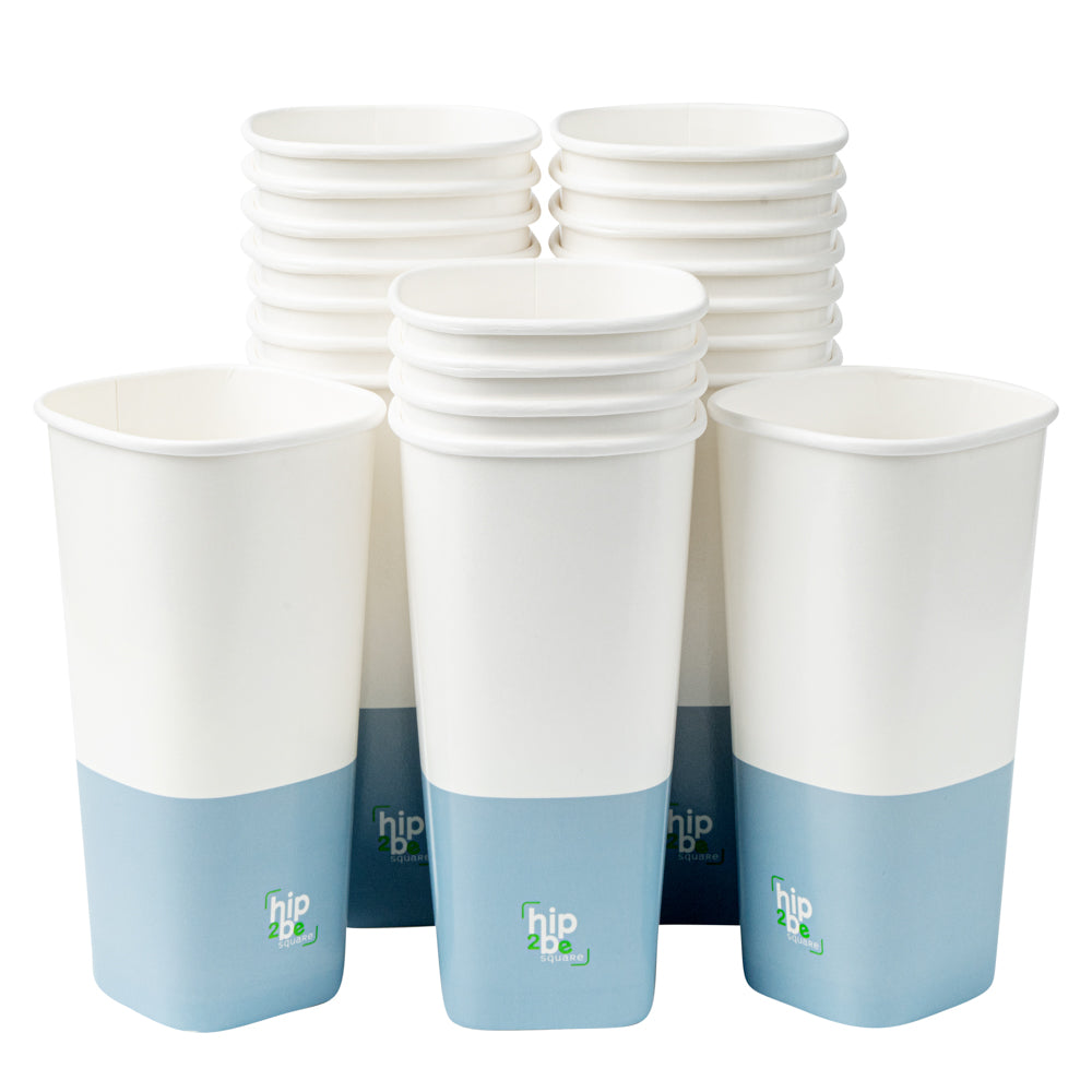 Hip 2 Be Square 22 oz White and Blue Paper Hot / Cold Drinking Cup - Single Wall - 3 1/4" x 3 1/4" x 6 3/4" - 500 count box