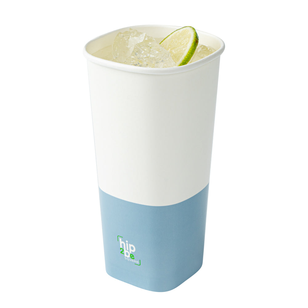 Hip 2 Be Square 22 oz White and Blue Paper Hot / Cold Drinking Cup - Single Wall - 3 1/4" x 3 1/4" x 6 3/4" - 500 count box