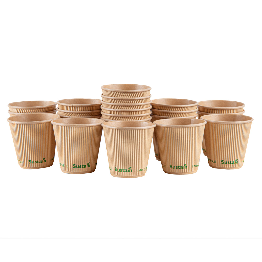 Sustain 8 oz Kraft Paper Coffee Cup - PLA Lining, Compostable, Ripple Wall - 3 1/2" x 3 1/2" x 3 1/2" - 500 count box