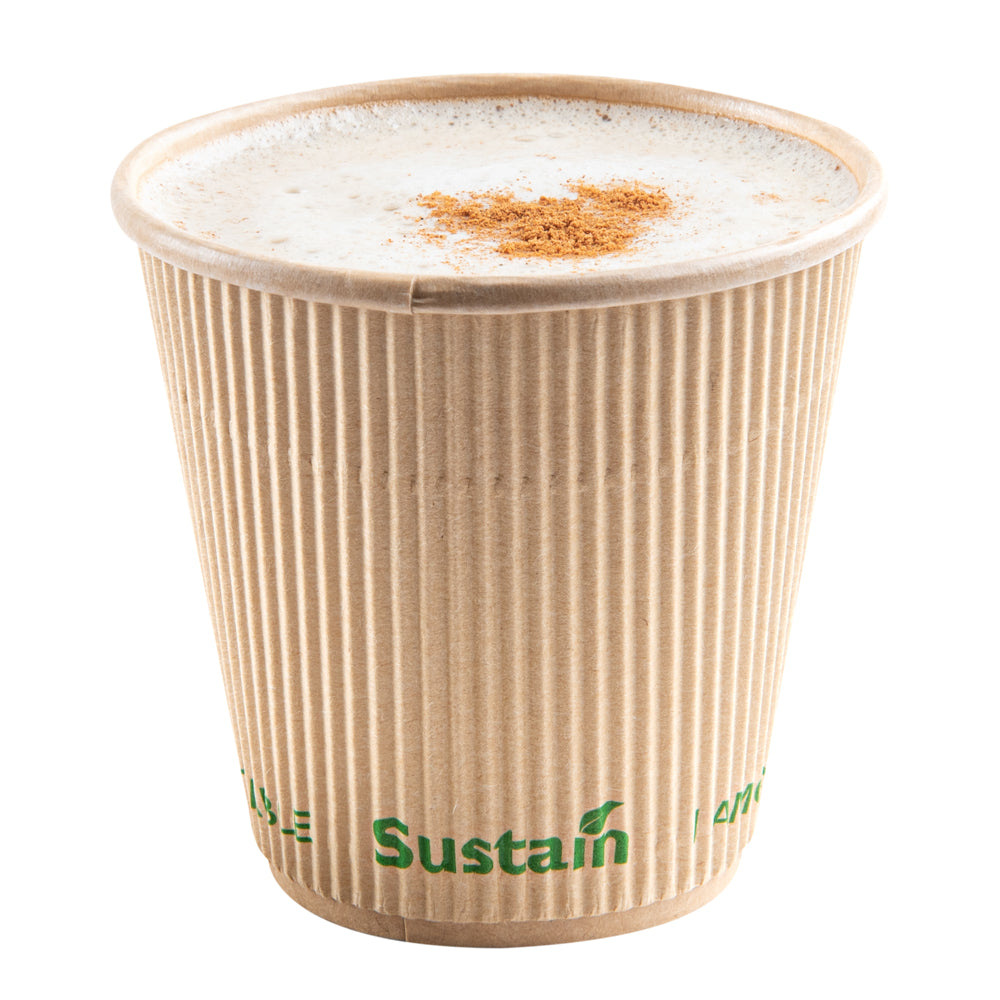 Sustain 8 oz Kraft Paper Coffee Cup - PLA Lining, Compostable, Ripple Wall - 3 1/2" x 3 1/2" x 3 1/2" - 500 count box