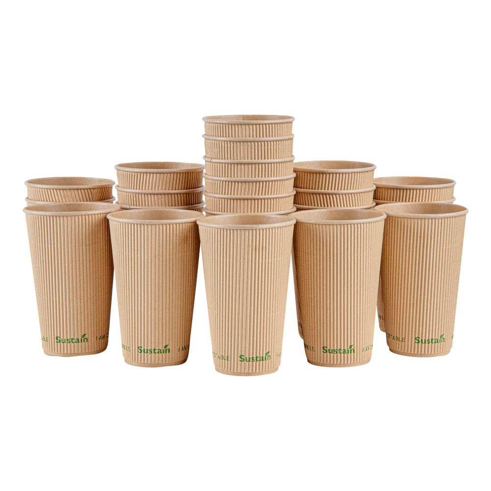 Sustain 16 oz Kraft Paper Coffee Cup - PLA Lining, Compostable, Ripple Wall - 3 1/2" x 3 1/2" x 5 1/2" - 500 count box