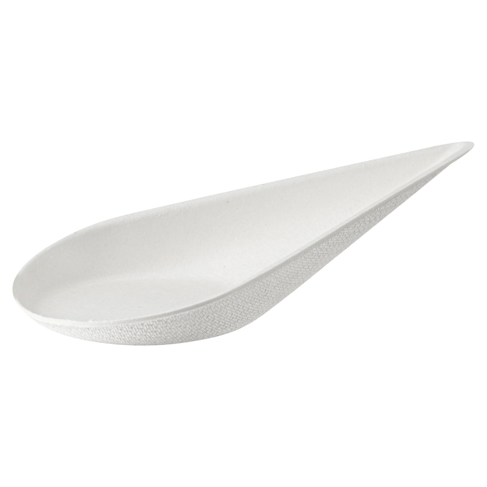 Pulp Safe No PFAS Added Teardrop White Sugarcane / Bagasse Tasting Spoon - Home Compostable - 4 1/4" x 2" x 1 1/4" - 100 count box