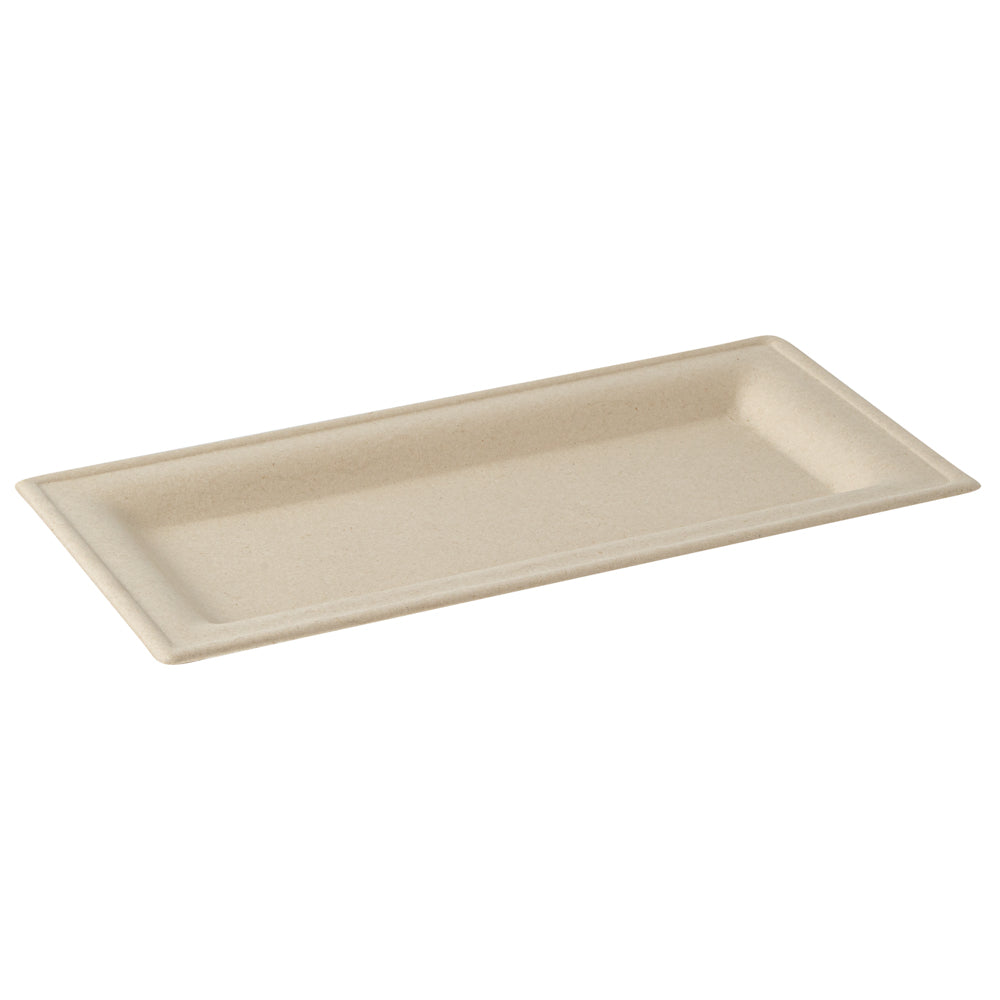 Pulp Safe No PFAS Added Rectangle Natural Sugarcane / Bagasse Plate - Home Compostable - 10" x 5" x 1/2" - 100 count box