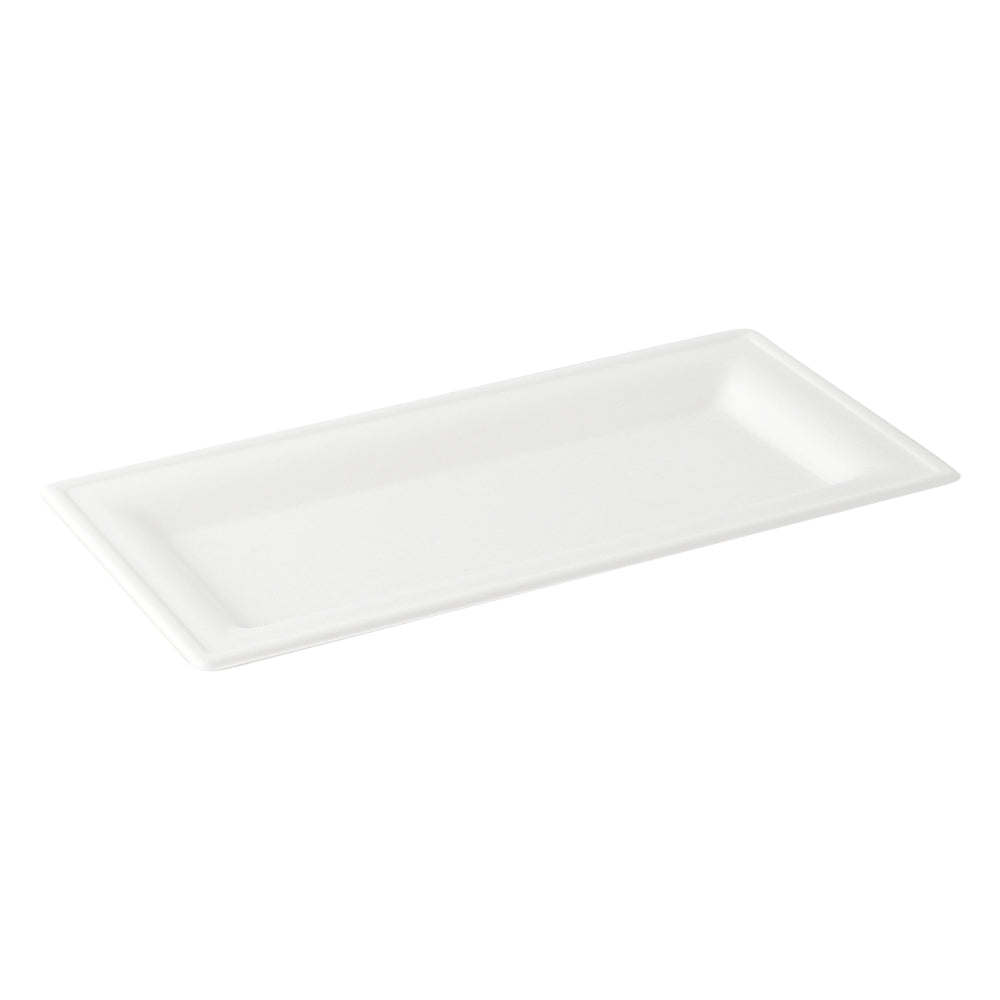 Pulp Safe No PFAS Added Rectangle White Sugarcane / Bagasse Plate - Home Compostable - 10" x 5" x 1/2" - 100 count box