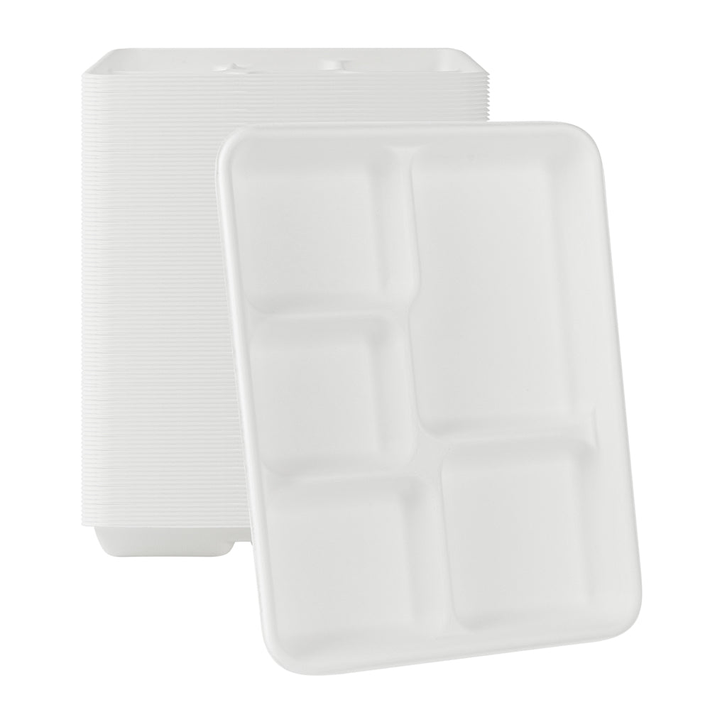 Pulp Safe No PFAS Added Rectangle White Sugarcane / Bagasse Food Tray - Home Compostable, 5 Compartments - 10 1/2" x 8 1/2" - 100 count box