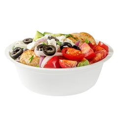 Pulp Safe No PFAS Added 18 oz Round White Sugarcane / Bagasse Salad Bowl - Home Compostable - 6 1/4