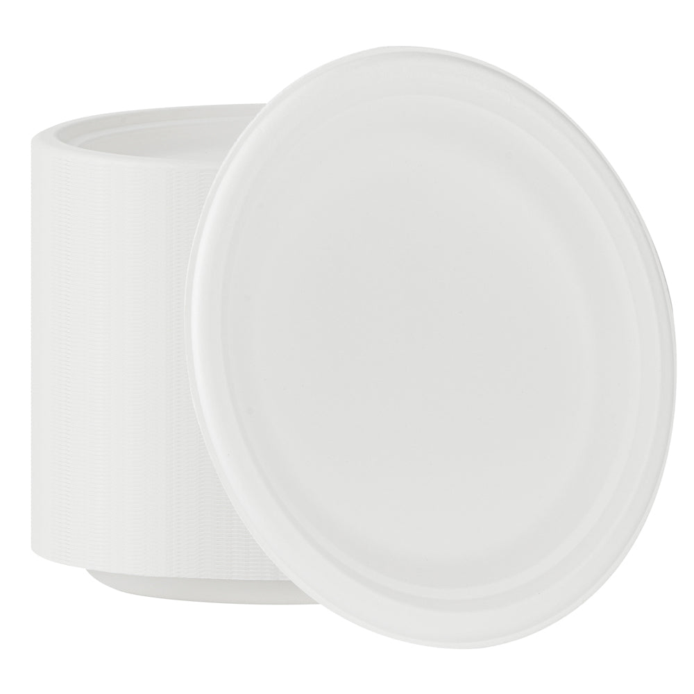 Pulp Safe No PFAS Added Round White Sugarcane / Bagasse Medium Plate - Home Compostable - 8 3/4" x 8 3/4" x 3/4" - 100 count box