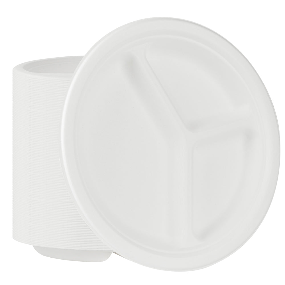 Pulp Safe No PFAS Added White Sugarcane / Bagasse Plate - Home Compostable, 3-Compartment - 10 1/4" x 10 1/4" x 1" - 100 count box