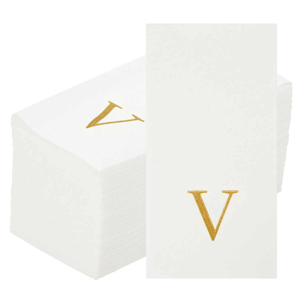 Luxenap Rectangle Gold Letter V White Paper Linen-Feel Guest Towel / Napkin - Air Laid, Sans Serif Font - 15 3/4" x 8" - 2000 count box