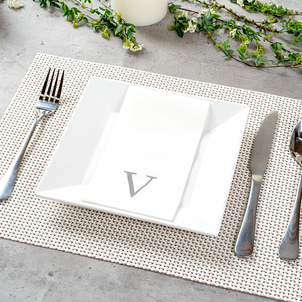 Luxenap Rectangle Silver Letter V White Paper Linen-Feel Guest Towel / Napkin - Air Laid, Sans Serif Font - 15 3/4" x 8" - 2000 count box