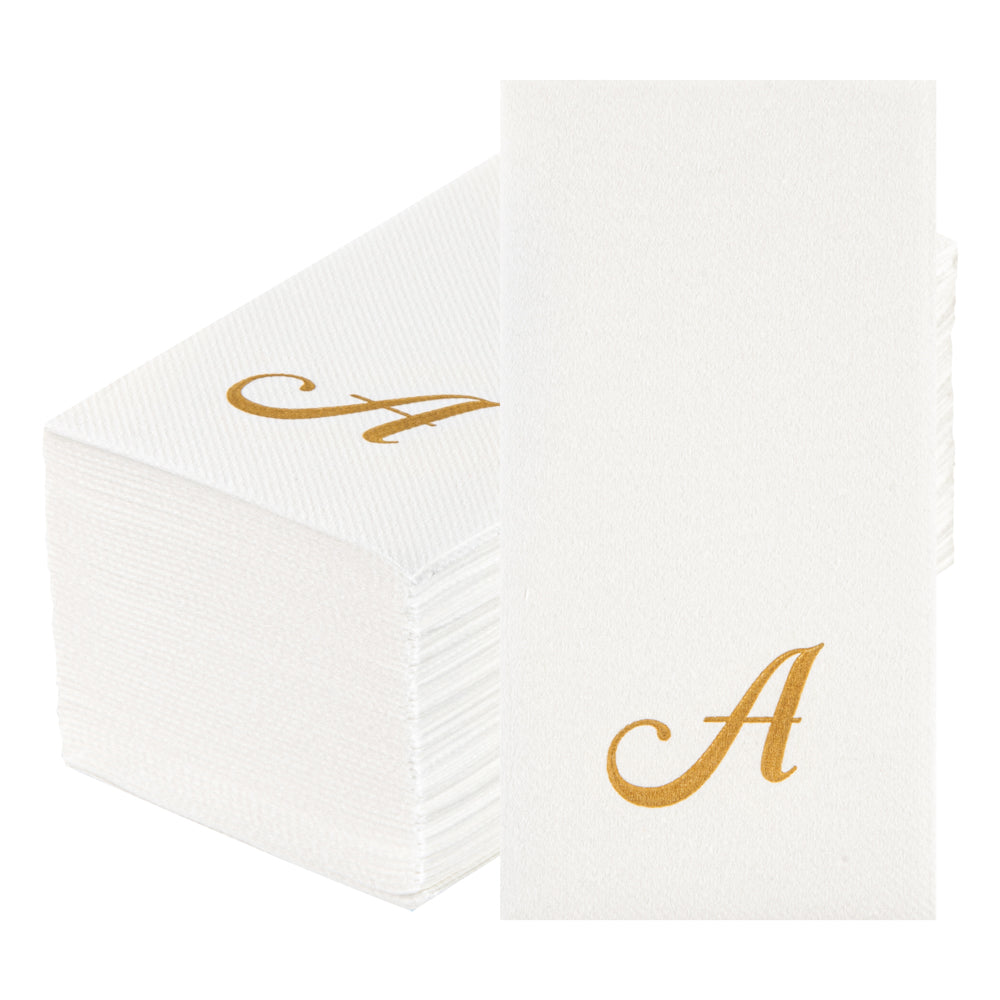 Luxenap Rectangle Gold Letter A White Paper Linen-Feel Guest Towel / Napkin - Air Laid, Cursive Font - 15 3/4" x 8" - 2000 count box