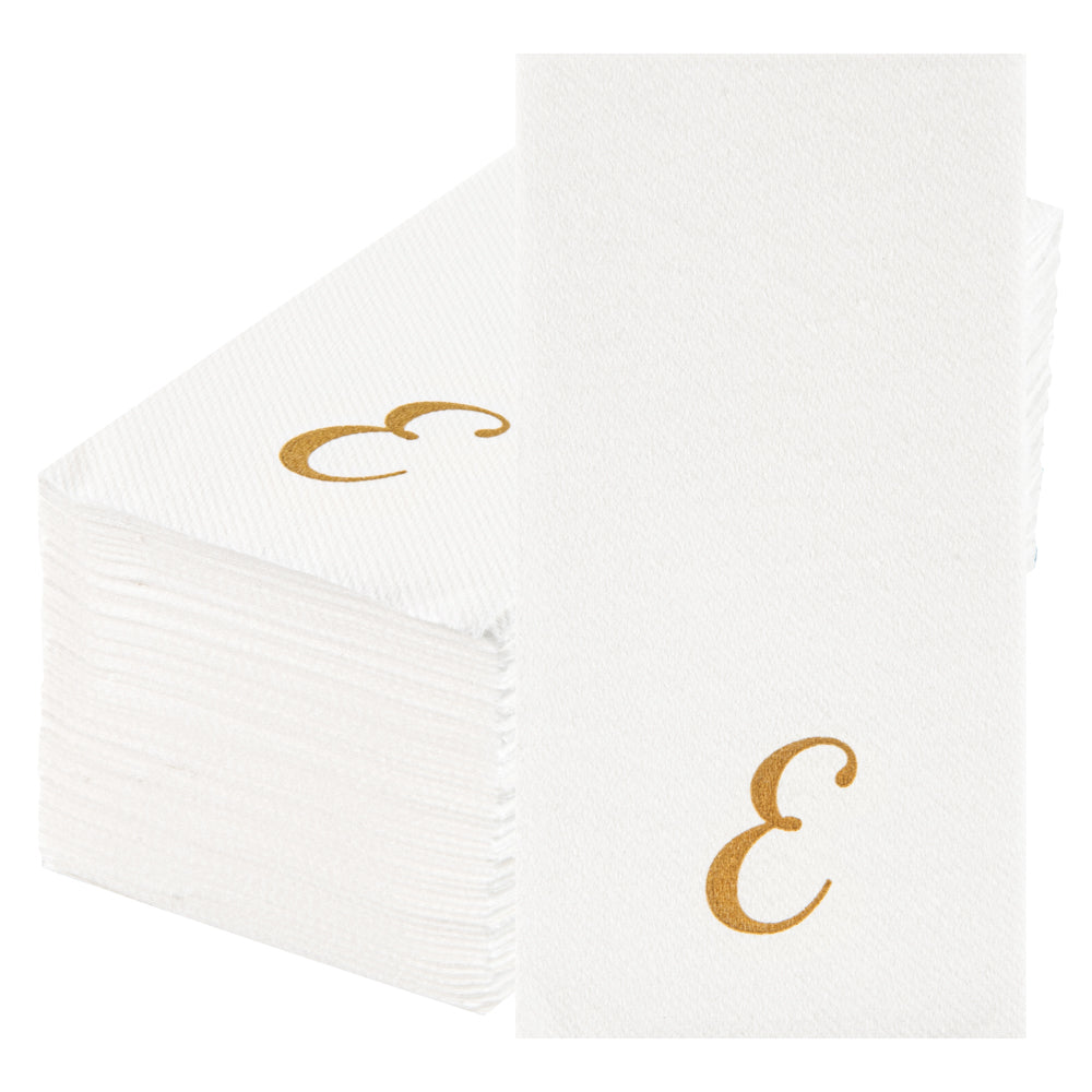 Luxenap Rectangle Gold Letter E White Paper Linen-Feel Guest Towel / Napkin - Air Laid, Cursive Font - 15 3/4" x 8" - 2000 count box