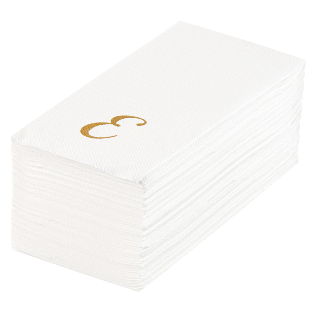 Luxenap Rectangle Gold Letter E White Paper Linen-Feel Guest Towel / Napkin - Air Laid, Cursive Font - 15 3/4" x 8" - 2000 count box