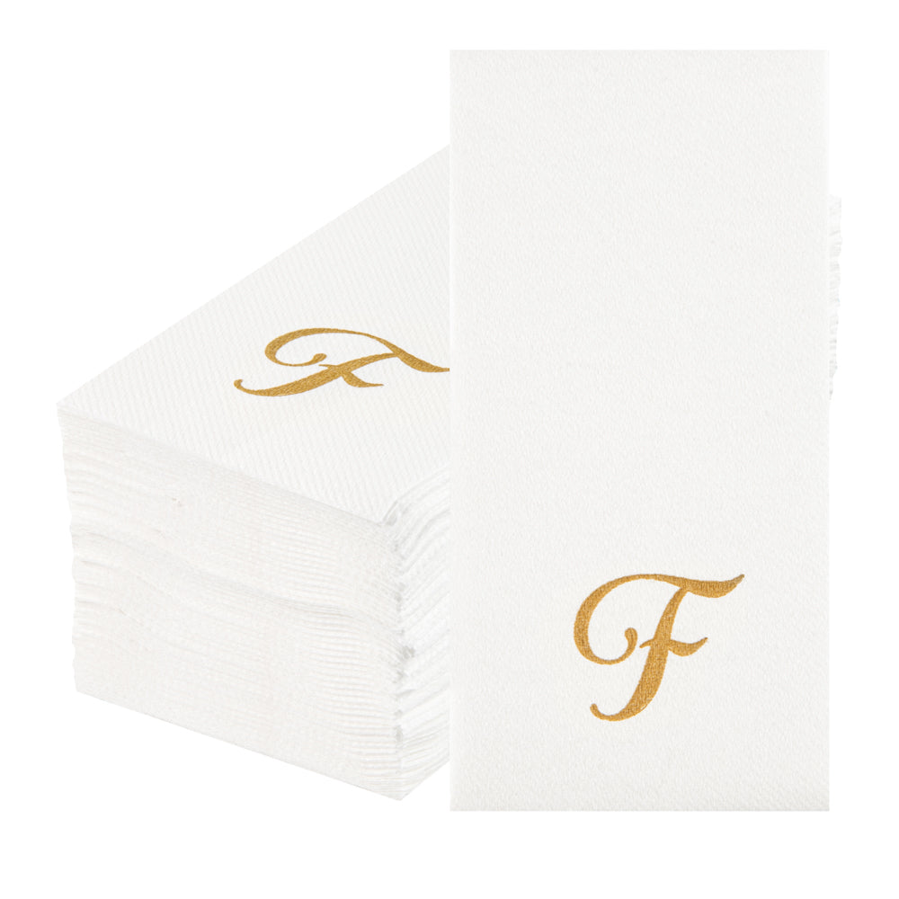 Luxenap Rectangle Gold Letter F White Paper Linen-Feel Guest Towel / Napkin - Air Laid, Cursive Font - 15 3/4" x 8" - 2000 count box