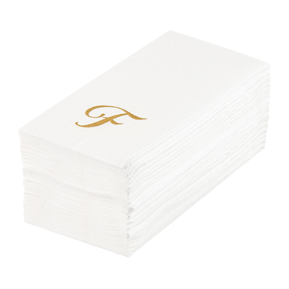 Luxenap Rectangle Gold Letter F White Paper Linen-Feel Guest Towel / Napkin - Air Laid, Cursive Font - 15 3/4" x 8" - 2000 count box