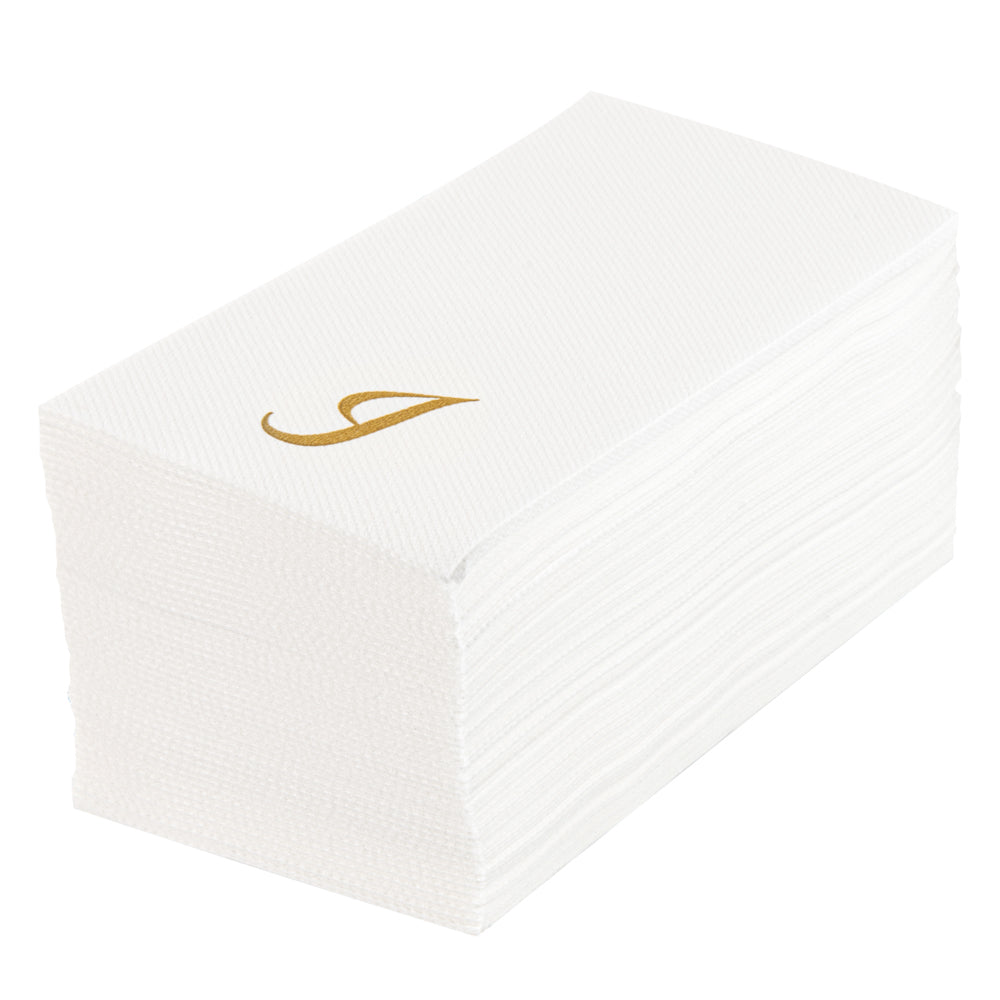 Luxenap Rectangle Gold Letter I White Paper Linen-Feel Guest Towel / Napkin - Air Laid, Cursive Font - 15 3/4" x 8" - 2000 count box