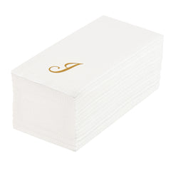 Luxenap Rectangle Gold Letter J White Paper Linen-Feel Guest Towel / Napkin - Air Laid, Cursive Font - 15 3/4