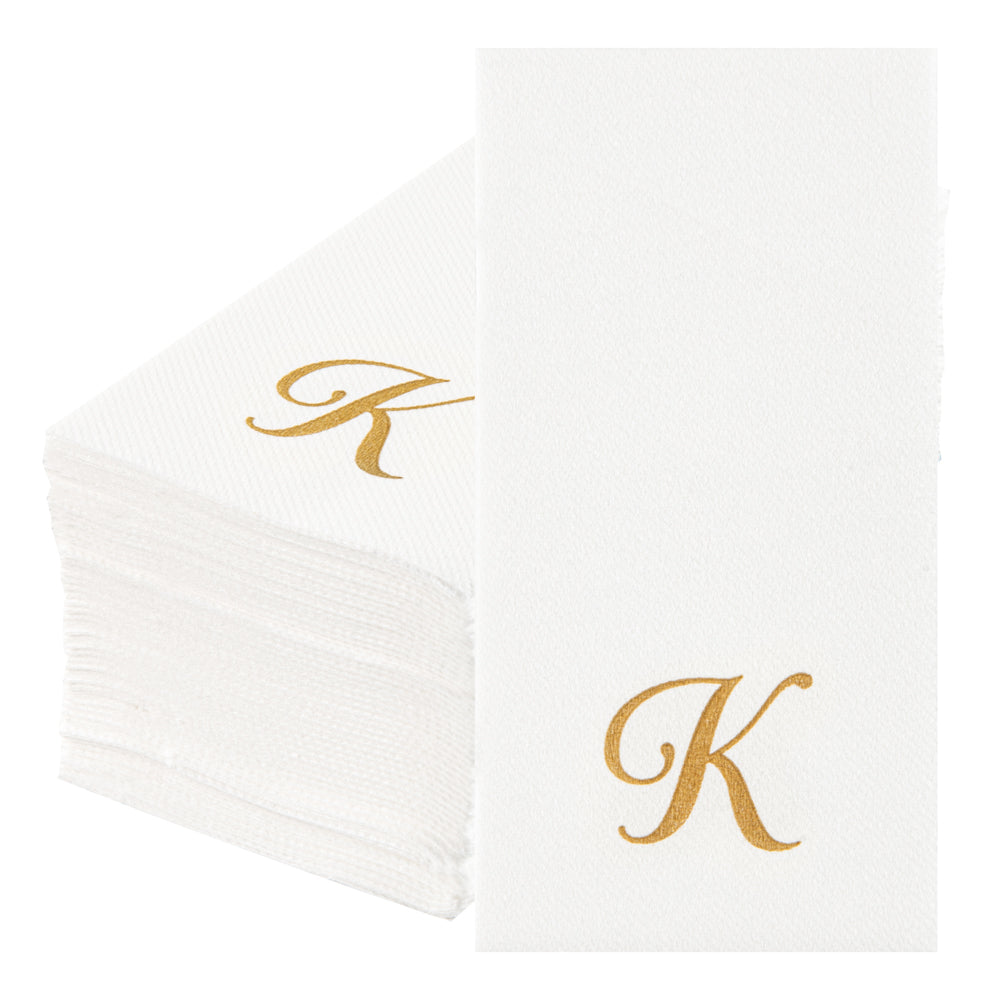 Luxenap Rectangle Gold Letter K White Paper Linen-Feel Guest Towel / Napkin - Air Laid, Cursive Font - 15 3/4" x 8" - 2000 count box