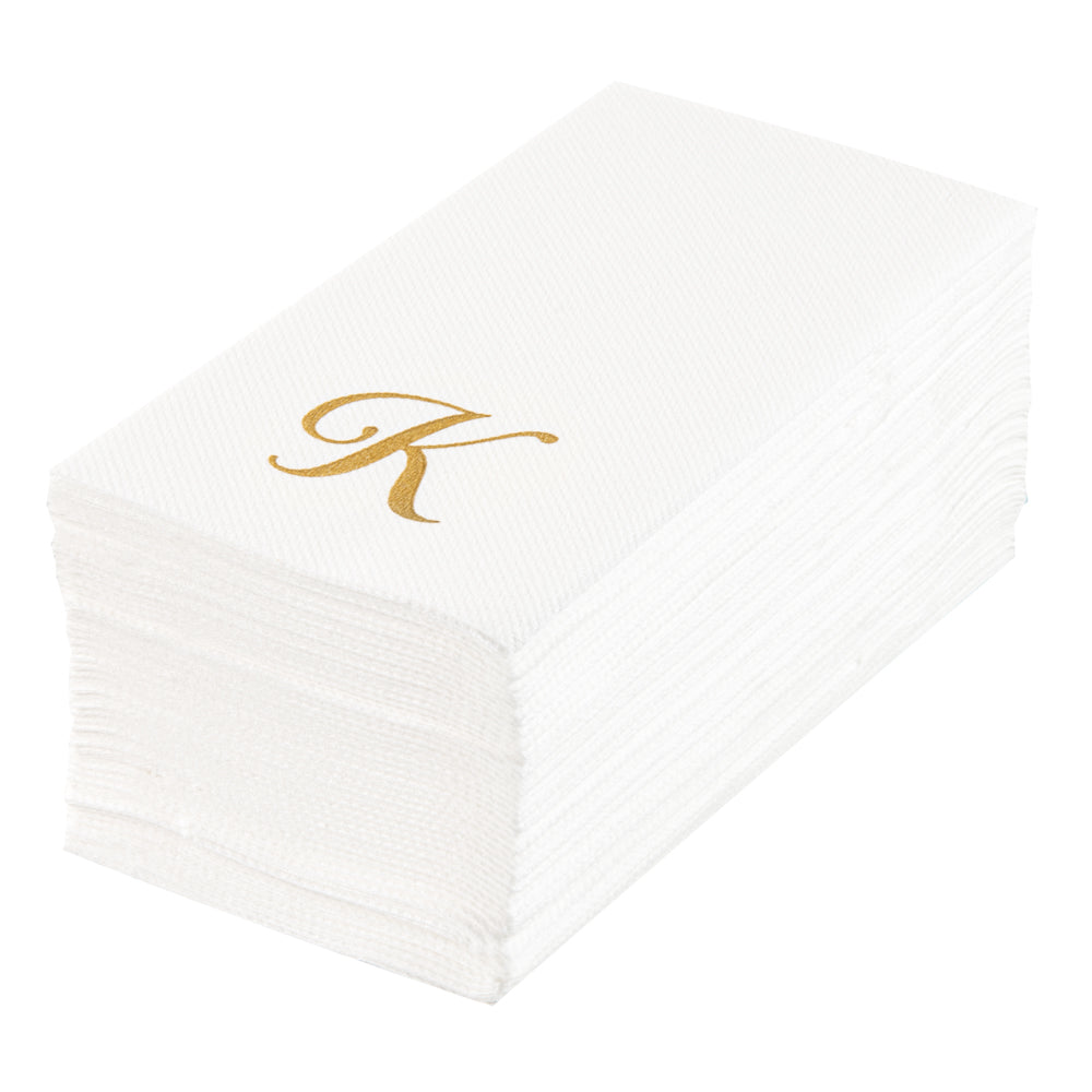 Luxenap Rectangle Gold Letter K White Paper Linen-Feel Guest Towel / Napkin - Air Laid, Cursive Font - 15 3/4" x 8" - 2000 count box