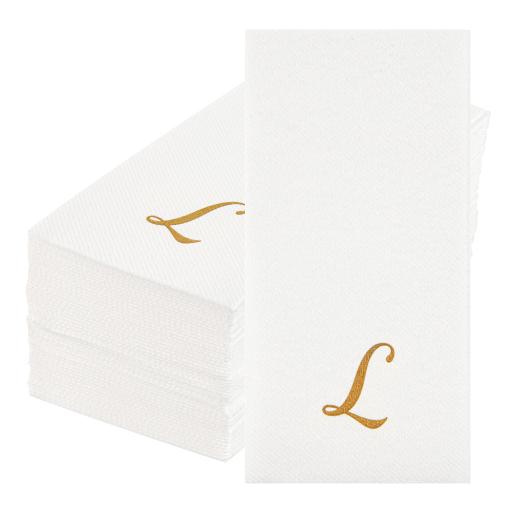 Luxenap Rectangle Gold Letter L White Paper Linen-Feel Guest Towel / Napkin - Air Laid, Cursive Font - 15 3/4" x 8" - 2000 count box