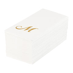 Luxenap Rectangle Gold Letter M White Paper Linen-Feel Guest Towel / Napkin - Air Laid, Cursive Font - 15 3/4