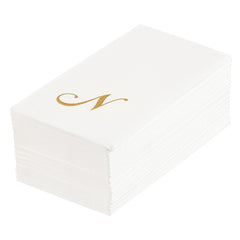 Luxenap Rectangle Gold Letter N White Paper Linen-Feel Guest Towel / Napkin - Air Laid, Cursive Font - 15 3/4