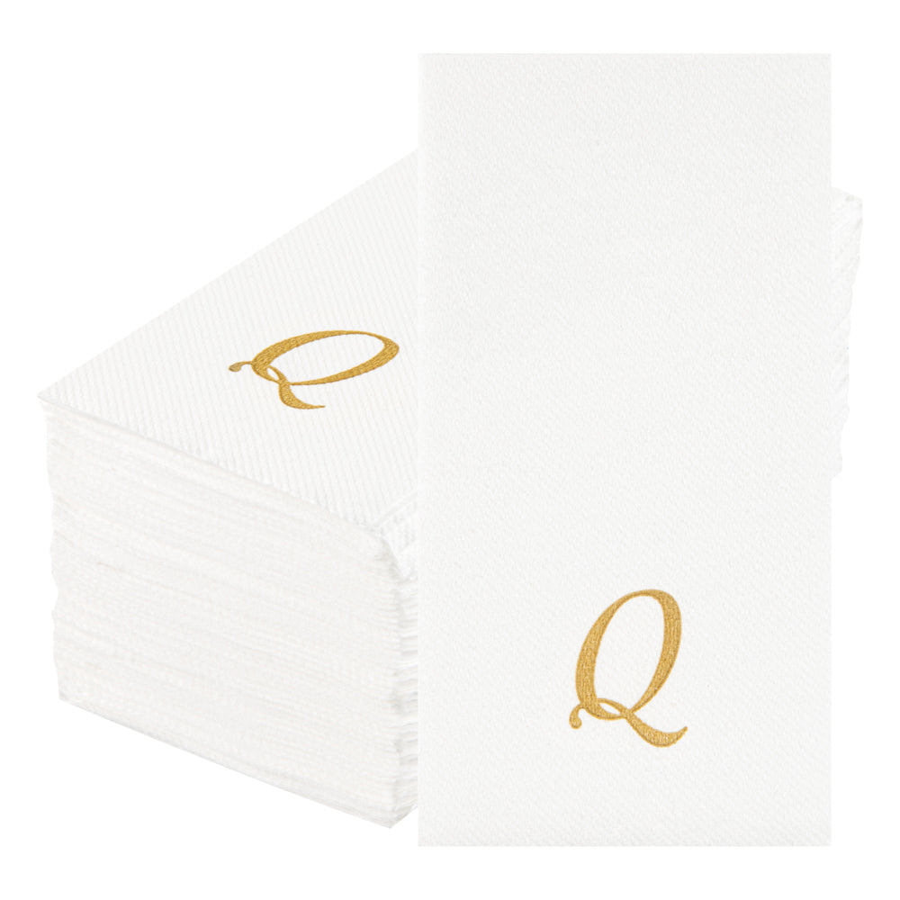 Luxenap Rectangle Gold Letter Q White Paper Linen-Feel Guest Towel / Napkin - Air Laid, Cursive Font - 15 3/4" x 8" - 2000 count box