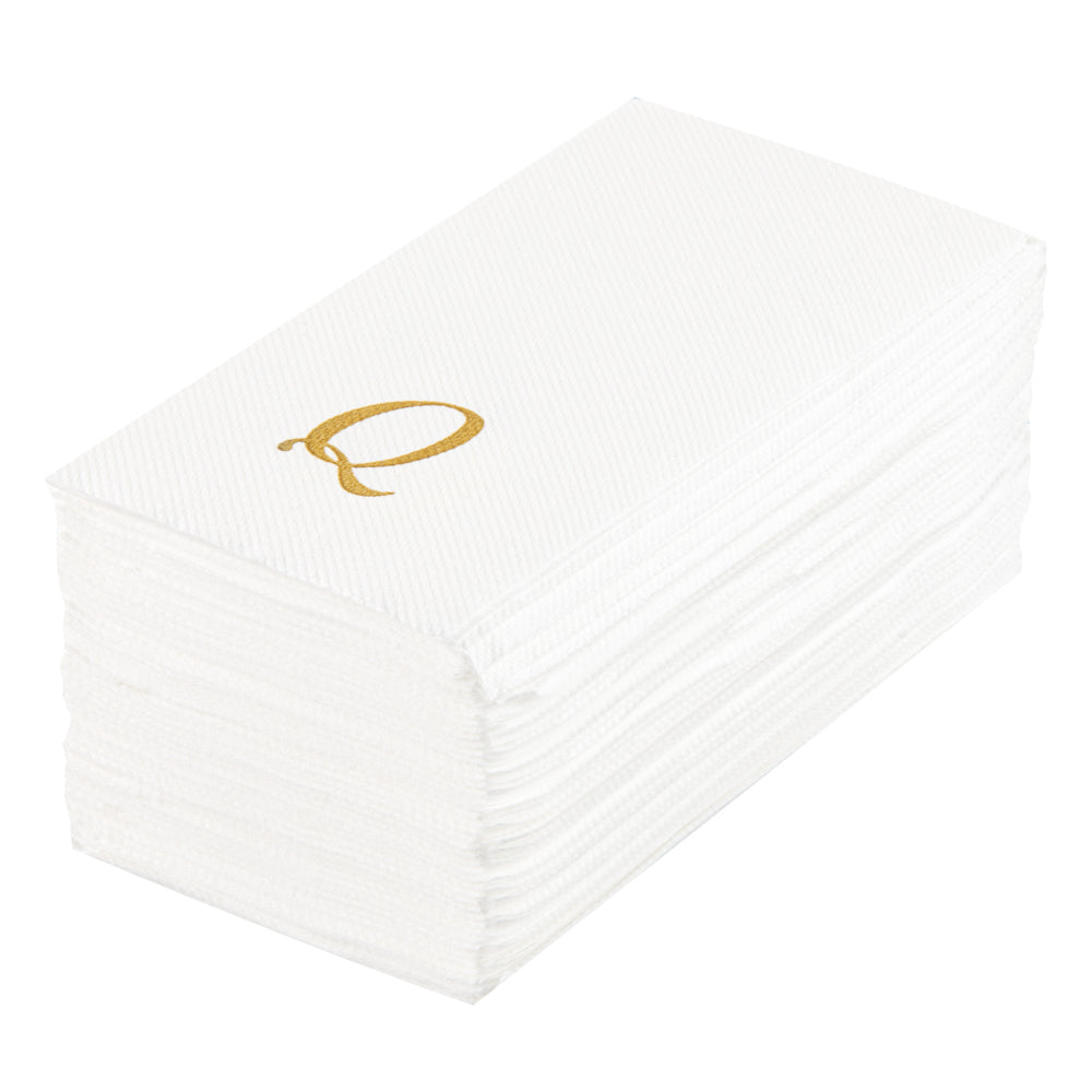 Luxenap Rectangle Gold Letter Q White Paper Linen-Feel Guest Towel / Napkin - Air Laid, Cursive Font - 15 3/4" x 8" - 2000 count box