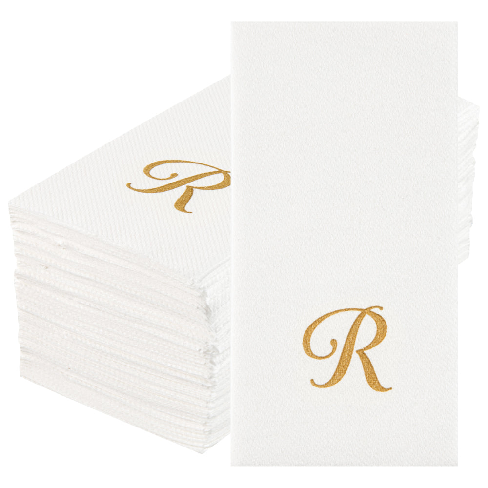 Luxenap Rectangle Gold Letter R White Paper Linen-Feel Guest Towel / Napkin - Air Laid, Cursive Font - 15 3/4" x 8" - 2000 count box