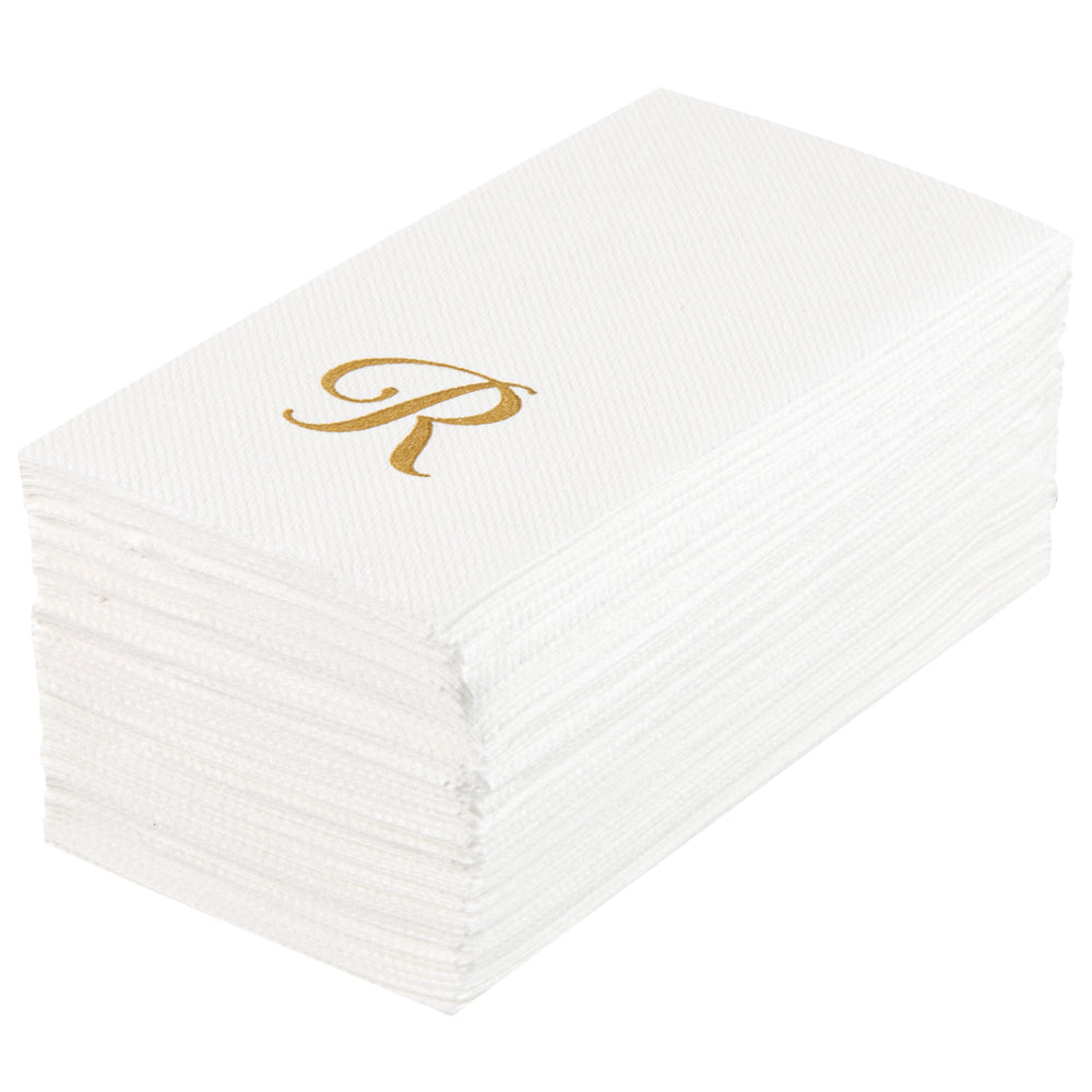 Luxenap Rectangle Gold Letter R White Paper Linen-Feel Guest Towel / Napkin - Air Laid, Cursive Font - 15 3/4" x 8" - 2000 count box