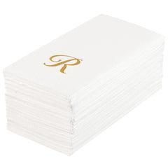 Luxenap Rectangle Gold Letter R White Paper Linen-Feel Guest Towel / Napkin - Air Laid, Cursive Font - 15 3/4