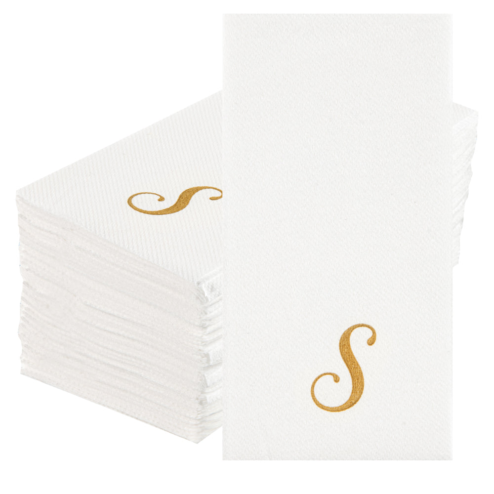 Luxenap Rectangle Gold Letter S White Paper Linen-Feel Guest Towel / Napkin - Air Laid, Cursive Font - 15 3/4" x 8" - 2000 count box