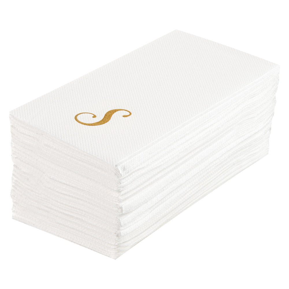 Luxenap Rectangle Gold Letter S White Paper Linen-Feel Guest Towel / Napkin - Air Laid, Cursive Font - 15 3/4" x 8" - 2000 count box