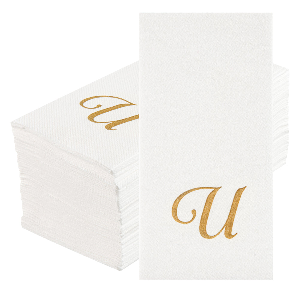 Luxenap Rectangle Gold Letter U White Paper Linen-Feel Guest Towel / Napkin - Air Laid, Cursive Font - 15 3/4" x 8" - 2000 count box