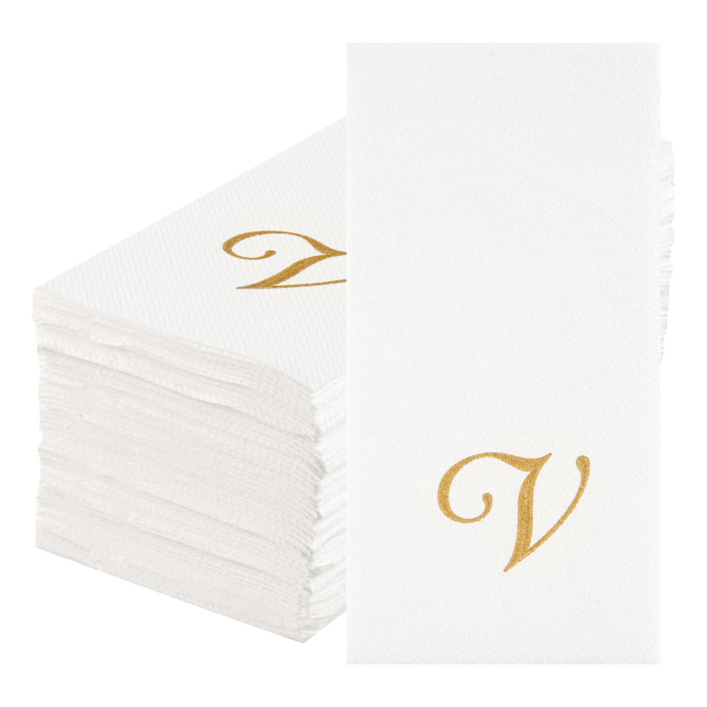 Luxenap Rectangle Gold Letter V White Paper Linen-Feel Guest Towel / Napkin - Air Laid, Cursive Font - 15 3/4" x 8" - 2000 count box