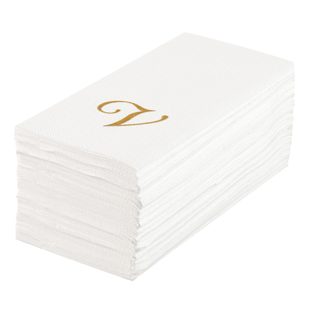 Luxenap Rectangle Gold Letter V White Paper Linen-Feel Guest Towel / Napkin - Air Laid, Cursive Font - 15 3/4" x 8" - 2000 count box