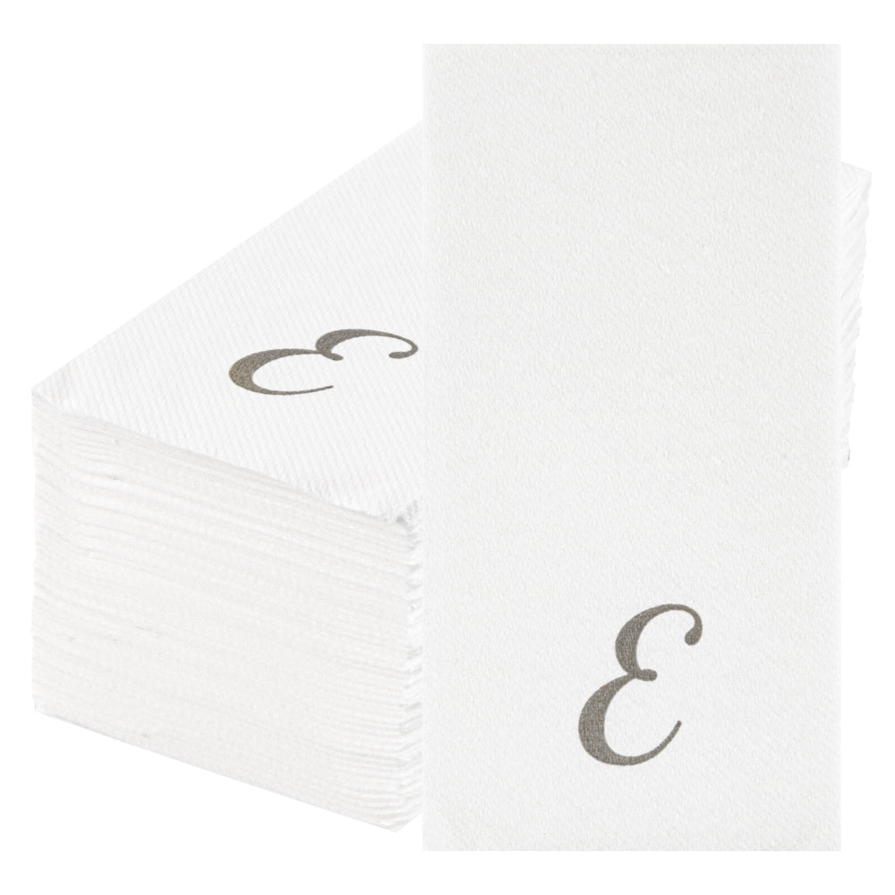 Luxenap Rectangle Silver Letter E White Paper Linen-Feel Guest Towel / Napkin - Air Laid, Cursive Font - 15 3/4" x 8" - 2000 count box