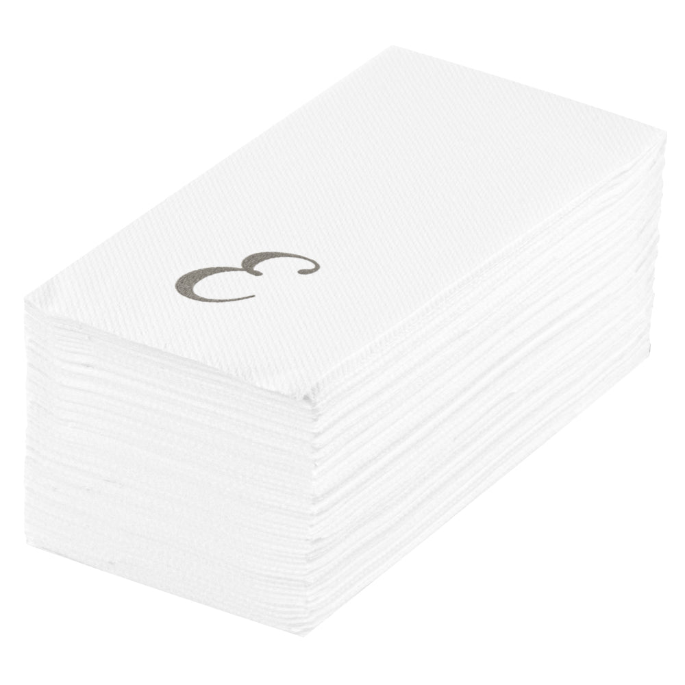 Luxenap Rectangle Silver Letter E White Paper Linen-Feel Guest Towel / Napkin - Air Laid, Cursive Font - 15 3/4" x 8" - 2000 count box