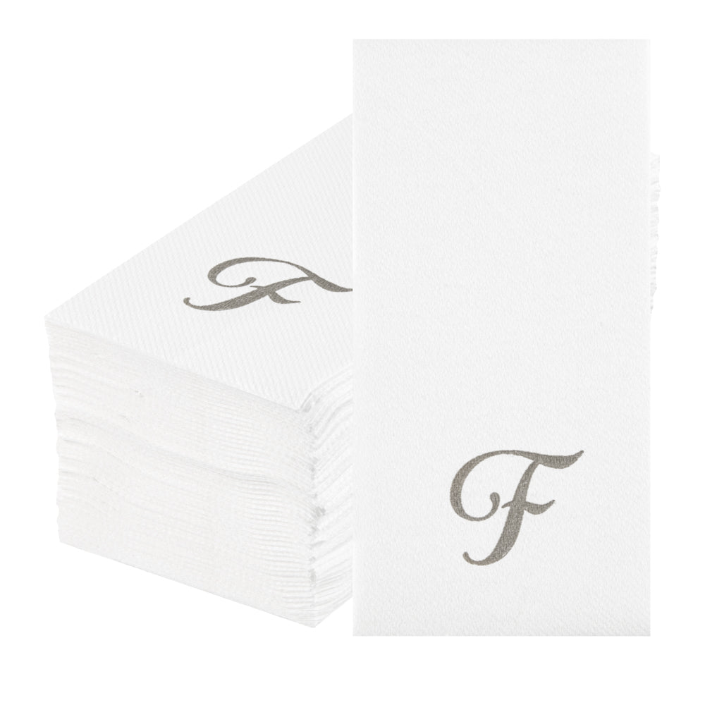 Luxenap Rectangle Silver Letter F White Paper Linen-Feel Guest Towel / Napkin - Air Laid, Cursive Font - 15 3/4" x 8" - 2000 count box