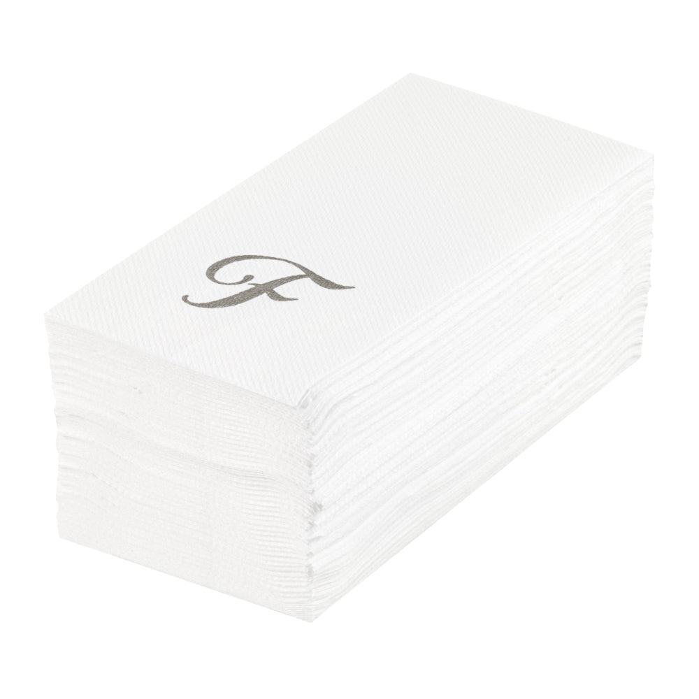 Luxenap Rectangle Silver Letter F White Paper Linen-Feel Guest Towel / Napkin - Air Laid, Cursive Font - 15 3/4" x 8" - 2000 count box