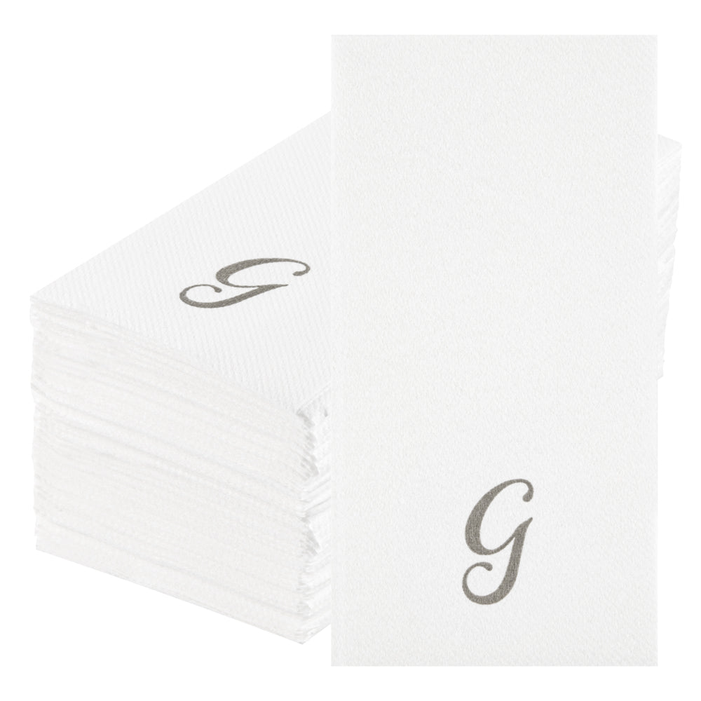 Luxenap Rectangle Silver Letter G White Paper Linen-Feel Guest Towel / Napkin - Air Laid, Cursive Font - 15 3/4" x 8" - 2000 count box