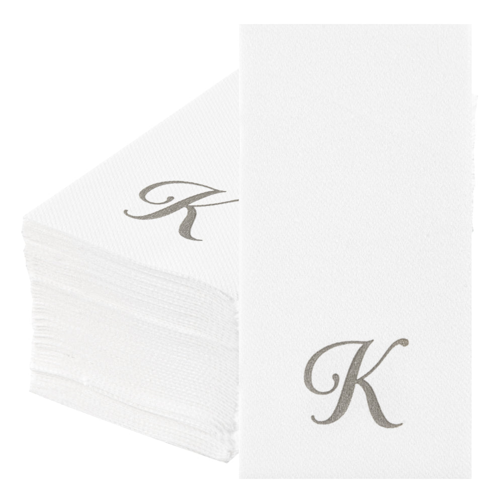 Luxenap Rectangle Silver Letter K White Paper Linen-Feel Guest Towel / Napkin - Air Laid, Cursive Font - 15 3/4" x 8" - 2000 count box