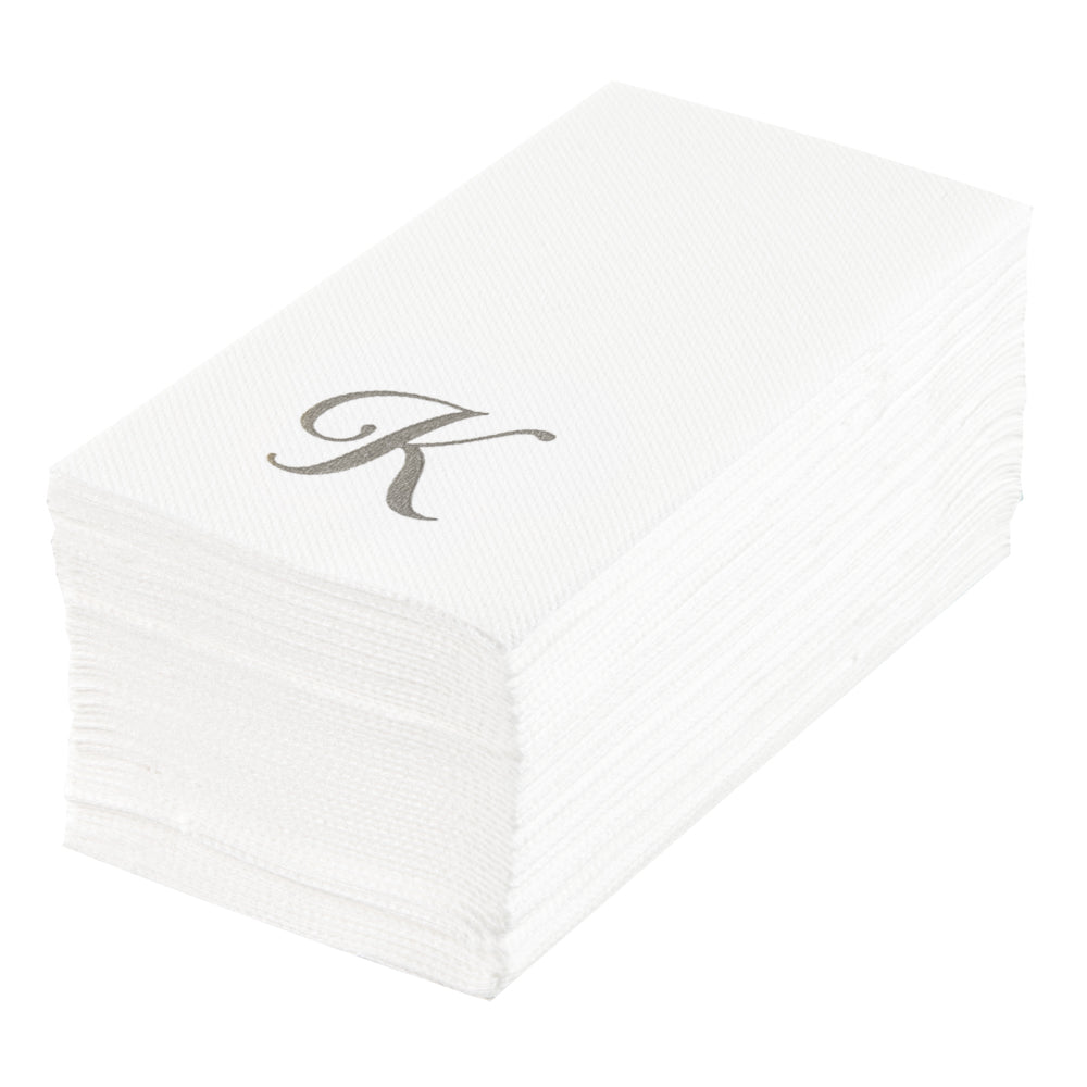 Luxenap Rectangle Silver Letter K White Paper Linen-Feel Guest Towel / Napkin - Air Laid, Cursive Font - 15 3/4" x 8" - 2000 count box