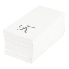 Luxenap Rectangle Silver Letter K White Paper Linen-Feel Guest Towel / Napkin - Air Laid, Cursive Font - 15 3/4