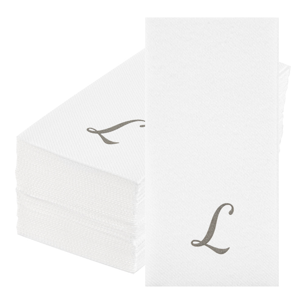 Luxenap Rectangle Silver Letter L White Paper Linen-Feel Guest Towel / Napkin - Air Laid, Cursive Font - 15 3/4" x 8" - 2000 count box